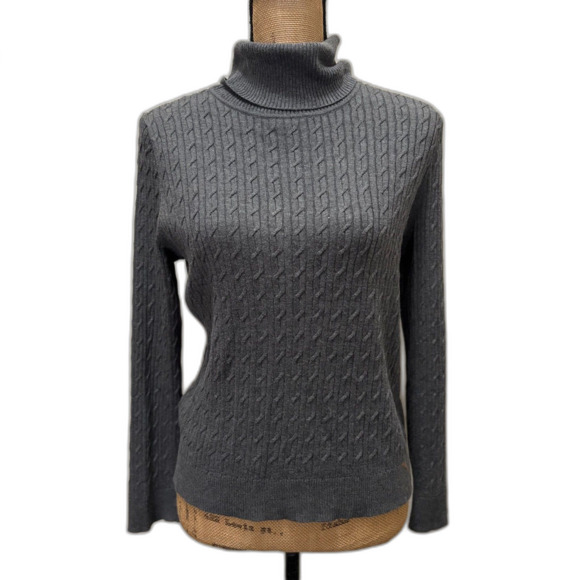 Talbots Pima Cotton Cable Knit Turtleneck Sweater Classic Gray Size Large Petite - Picture 1 of 4